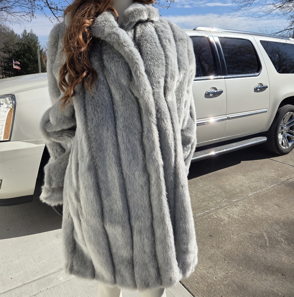 Dennis Basso Silver Long Faux Fur Coat